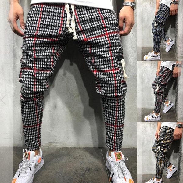 Calças mens moda casual longa xadrez hip hop harem calças streetwear empilhado sweatpants homens