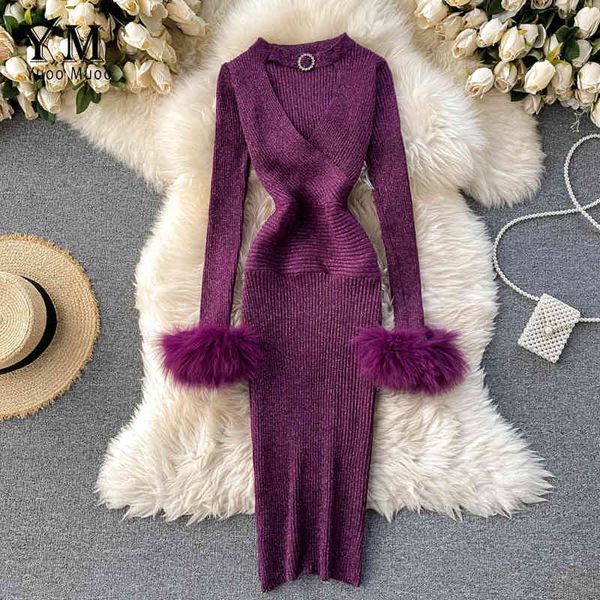 

yuoomuoo good quality luxury shining knitted women dress hollow out v-neck halter bodycon party dress fashion purple dress x0521, Black;gray