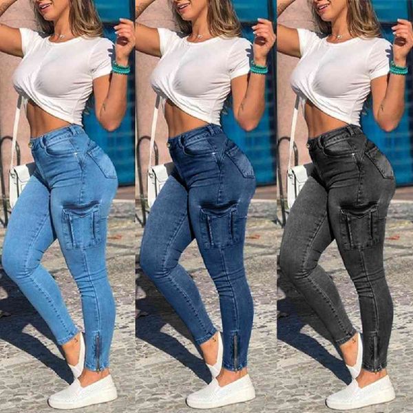 

skinny jeans women high waist stretchy woman pants streetwear side pocket design hole washed denim pencil trousers 2021, Blue