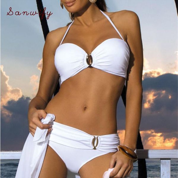 

women's swimwear bikinis women bandage solid white black bikini set push up swimsuit beachwear