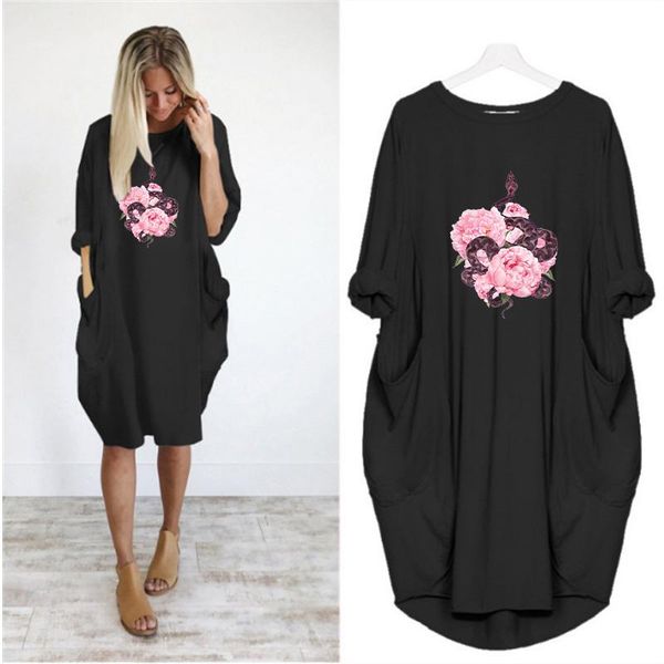 

python flower print loose dresses plus size 5xl long sleeve o neck party club midi dress streetwear vestido de mujer robes casual, Black;gray