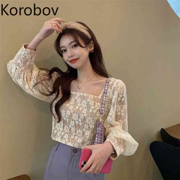 

korobov korean women lace blouses vintage elegant long sleeve square collar blusas mujer hollow out female shirts 210430, White