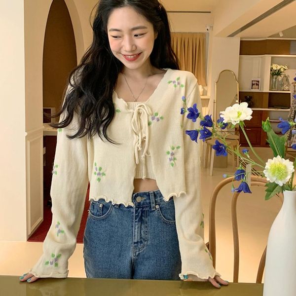 

women's knits & tees sweet fresh embroidery floral printing cardigans women korean chic knitted + solid slim fit vest two piece sets, White