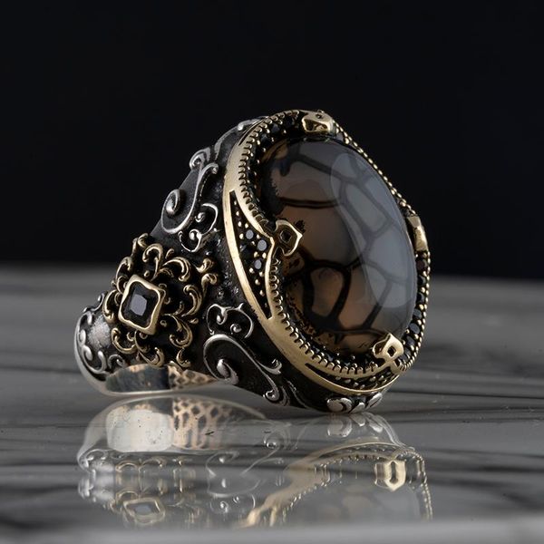 

cluster rings real high-quality 925 sterling silver agate / onyx stone ring jewelry made in turkey a luxurious way for men with gift black, Golden;silver