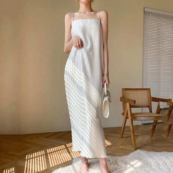 

summer satin pleated dresses big size casual straight long party dress elegant female chic spaghetti strap, Black;gray