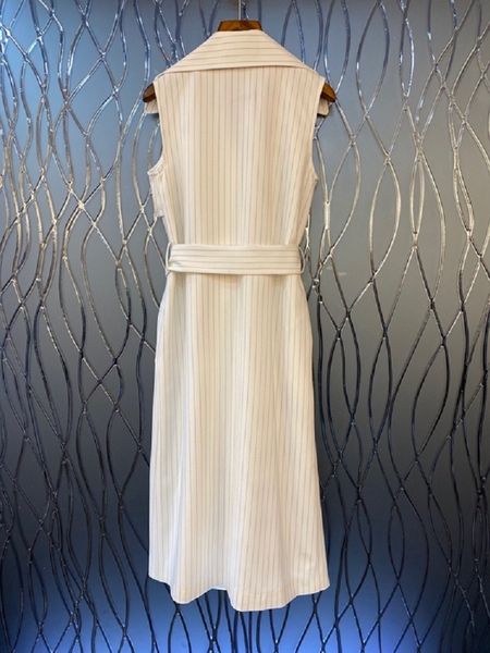 

dresses autumn fashion work women notched collar striped print adjustable belted sleeveless mid-calf ol, Black;gray