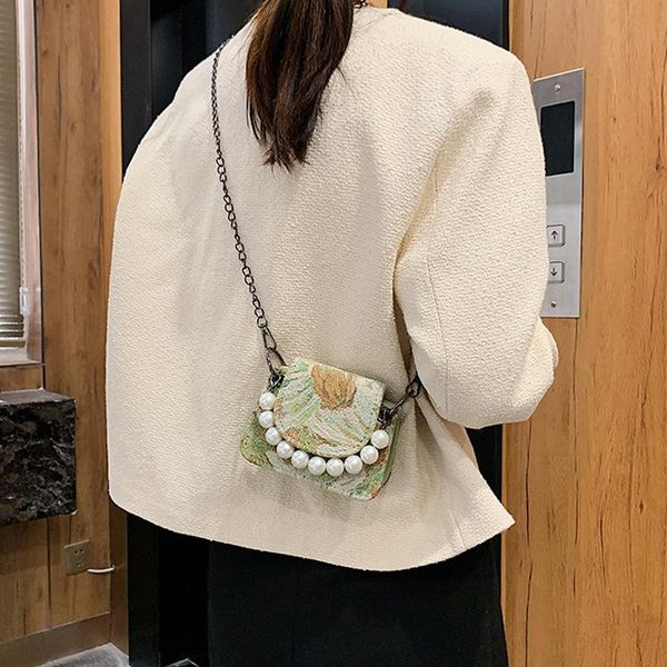 

evening bags mini pearl chain lipstick bag lady designer oil painting shoulder women luxury cute canvas crossbody satchels for
