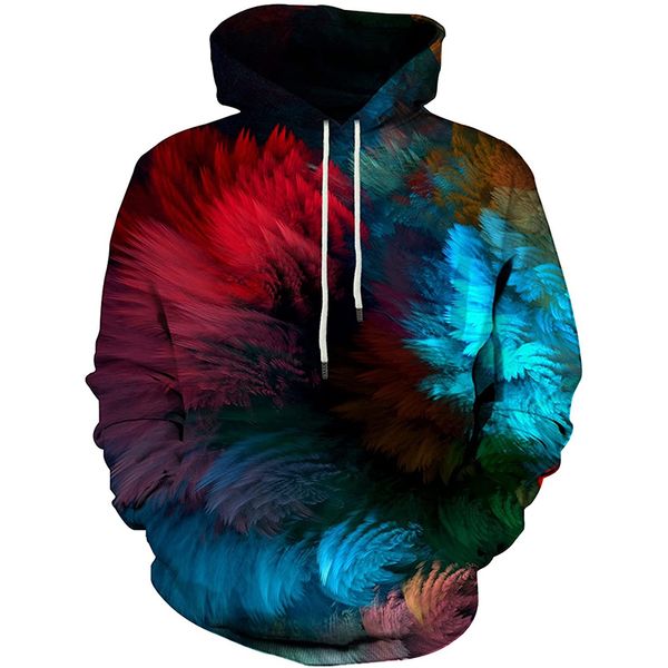 

color feather 3d printing hoodie visual impact party punk goth round neck american sweater hoodie, Black