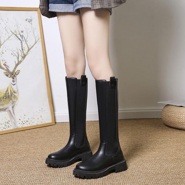 

boots winter knee high boot women mid calf natural genuine leather platform motorcycle zipper ladies long botas mujer 2021, Black