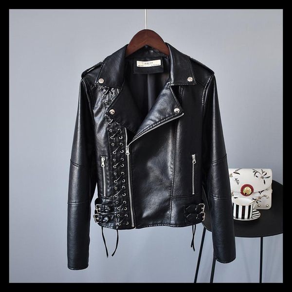 

women's leather & faux womens jacket 2021 autumn lace-up rivet suit collar waist belt fashion motorcycle black short coat pu -40