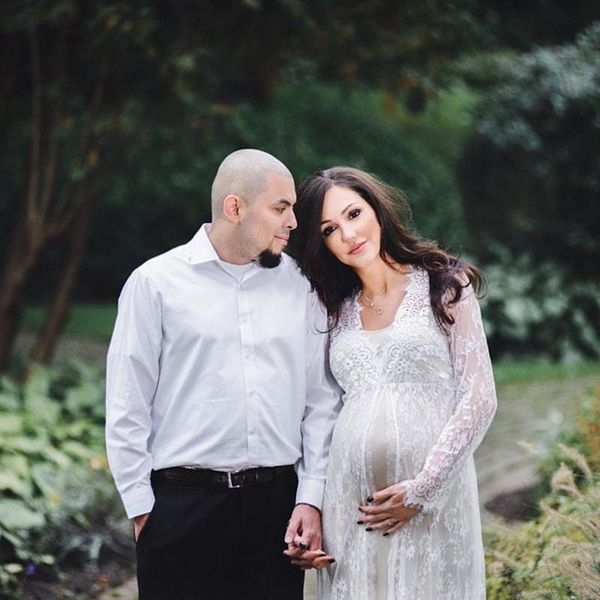 

maternity dresses le couple lace gown front slit pography props dress long sleeve open eyelashes puddles large size, White