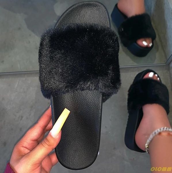 

pre-sell faux fur strap sliders fashion chunky sole slippers platform slip on sandals indoors furry shoes, Black
