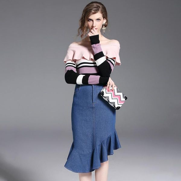 

skirts women sets print striped ruffles slash neck sweater cowboy denim push up 2021 autumn winter female suit, Black