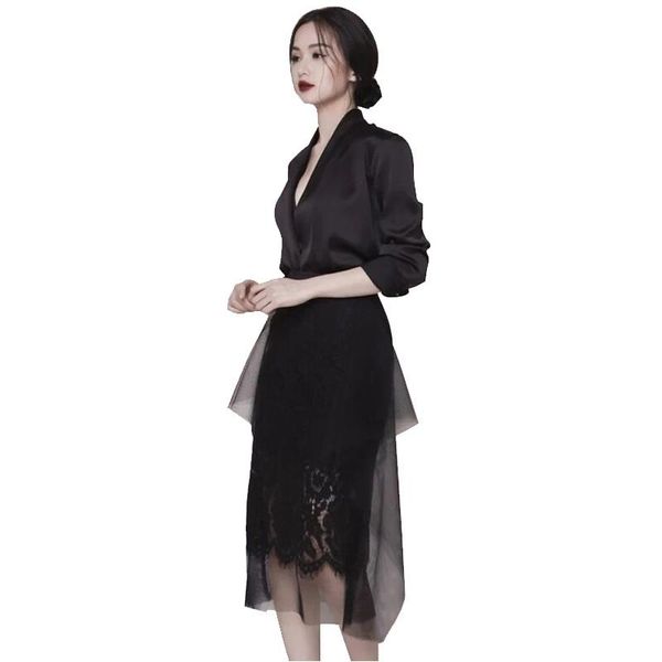 

women vintage solid v neck shirt + irregular mesh lace pencil skirt 2 piece set office lady black formal suit women's two pants, White