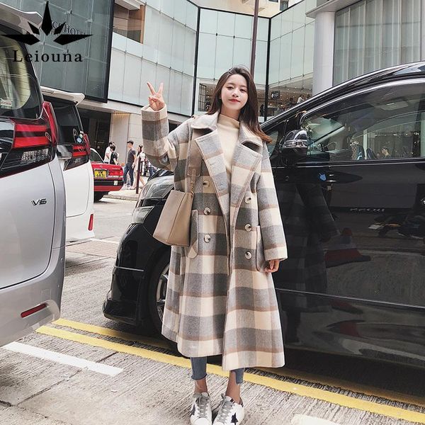 

women's wool & blends leioouna casual loose woolen plaid jacket 2021 winter fashion women retro tartan coat thick warm, Black