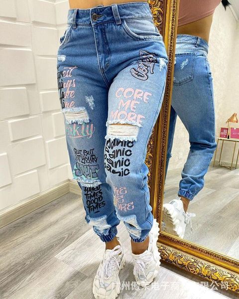 

women's jeans printed with holes clothing 2021 autumn women letter printing casual denim blue ladies clothes