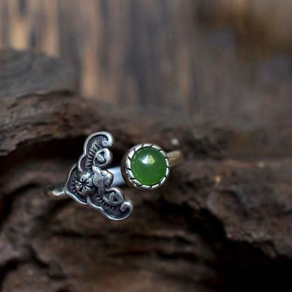 

cluster rings silver inlaid hetian jasper ethnic style retro original jewelry niche design neutral men and women opening adjustable ring, Golden;silver