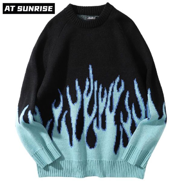 

men's sweaters men women hip hop streetwear harajuku sweater couples retro blue flame knitted winter cotton pullover unisex, White;black