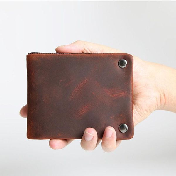 

2021 new arrival luxury all genuine leather short men wallet retro style crazy horse leather two folds small male purse, Red;black