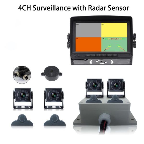 

car rear view cameras& parking sensors sensor blind spot detection system 4 cameras +4 radar truck monitor dvr record 7" ahd 4ch