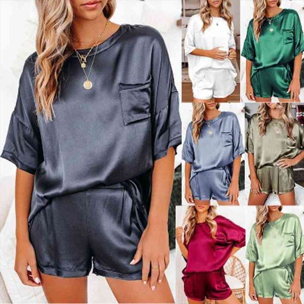 

women summer two pieces silk satin pajamas pyjamas sets o-neck short sleeve and elastic waist shorts female sleepwear, Black;red