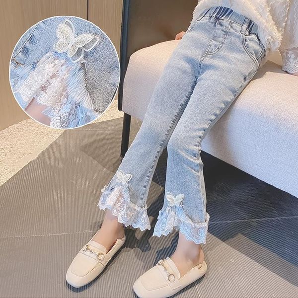 

fashion teen girls flare jeans sweet kids lace bell-bottoms pants spring autumn children denim jean trousers 4 6 7 9 11 12 14y, Blue