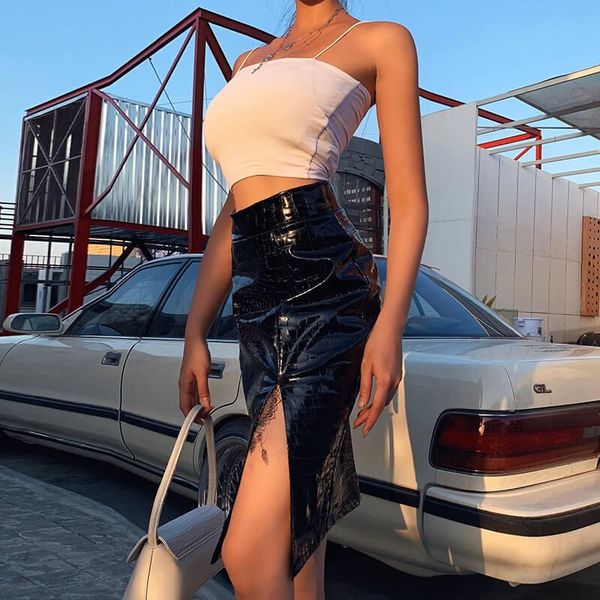 

skirts slit high waist pu bodycon women solid black back zipper pencil