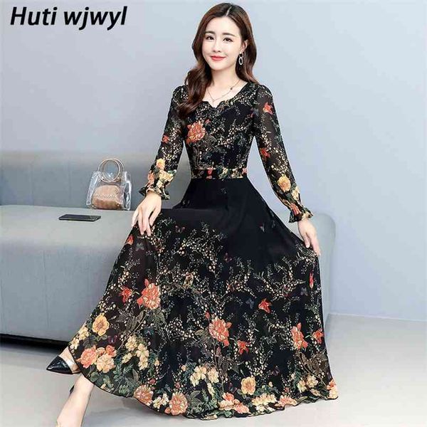 

3xl plus size vintage print chiffon casual midi dress autumn elegant women boho maxi party long sleeve black vestidos 210528, Black;gray