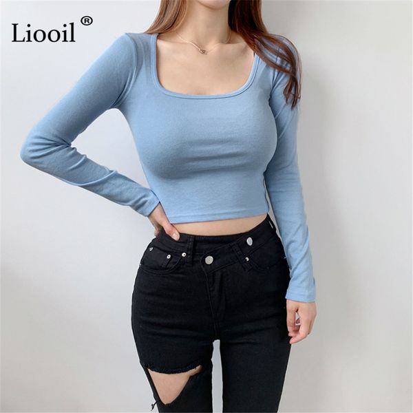 

t shirts skinny black white short t shirt women long sleeve square collar female spring autumn slim cropped and pullovers afok