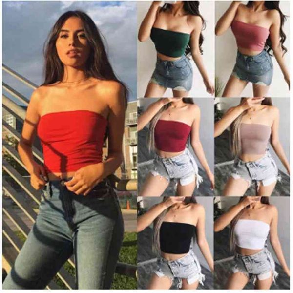 

women tube summer solid simple casual basic crop strapless size s-l camisole slim fit tanks ladies clothing 210522, White