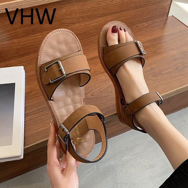 Frauen Sandalen 2021 Sommer Casual Rom Stil Outdoor Wohnungen Mode Weiche Sohle Braun Schwarz Leder Schuhe Schnalle Frauen Sandalen