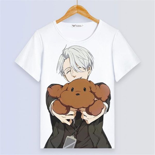 

anime yuri on ice victor womens t shirts nikiforov printing summer lovers kawaii animals cosplay tee couple coats, White