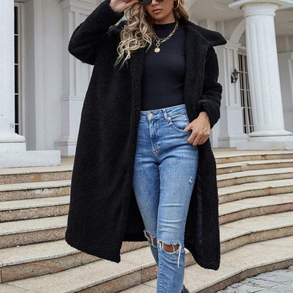 

women's wool & blends women coat winter clothing artificial fur-grass warm fuzzy open front cardigan outwear jackets, Black