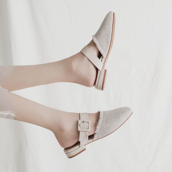 

slippers casual design cover toe canvas slipper women summer ankle strap lazy shoes fringe tassel mules low heels slides woman, Black