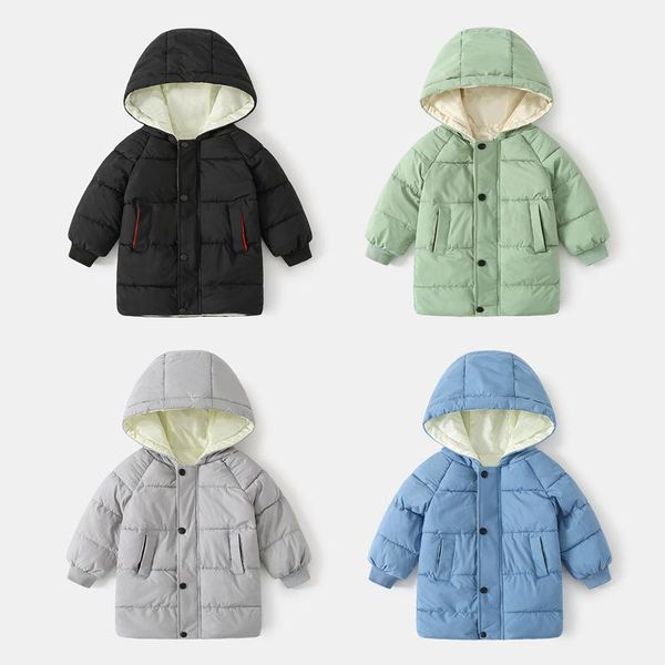 

down coat children's cotton-padded jacket 2021 winter boys solid color hooded baby mid-length thick warm trend, Blue;gray