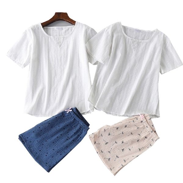 

women's sleepwear 2021 summer new ladies comfort full cotton solid color gauze loose short sleeve shorts homewear 2pcs simple, Black;red