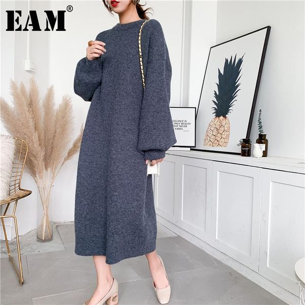 

[eam] women dark blue big size knitting dress round neck long sleeve loose fit fashion tide autumn winter 2021 1y206 casual dresses, Black;gray