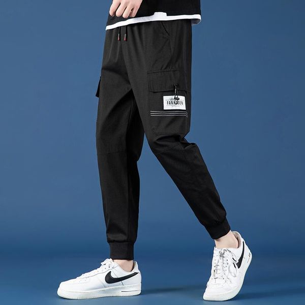 

pants men's korean versatile spring multi pocket casual banded feet fashion brand overalls sportswear, Black