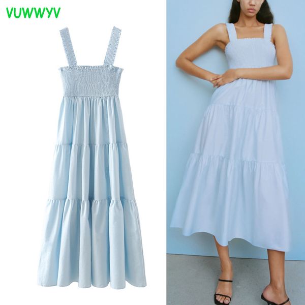 

vuwwyv light blue ruched patchwork slip dress women summer vintage pleated party midi elastic chest vestidos 210430, Black;gray