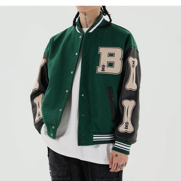 

Mens ets Bone Letter Patchwork Harajuku Korea Style High Street Spring Autumn Baseball Coats Single-breasted Bomber et, Black