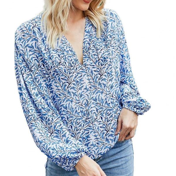 

women's blouses & shirts autumn women blouse long sleeve v-neck shirt lantern floral print elegant party, White