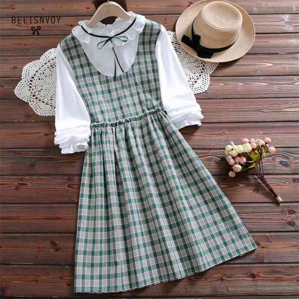 

mori girl plaid fake two piece dress spring autumn women ruffled sweet vestidos long sleeve vintage ruffles 210520, Black;gray