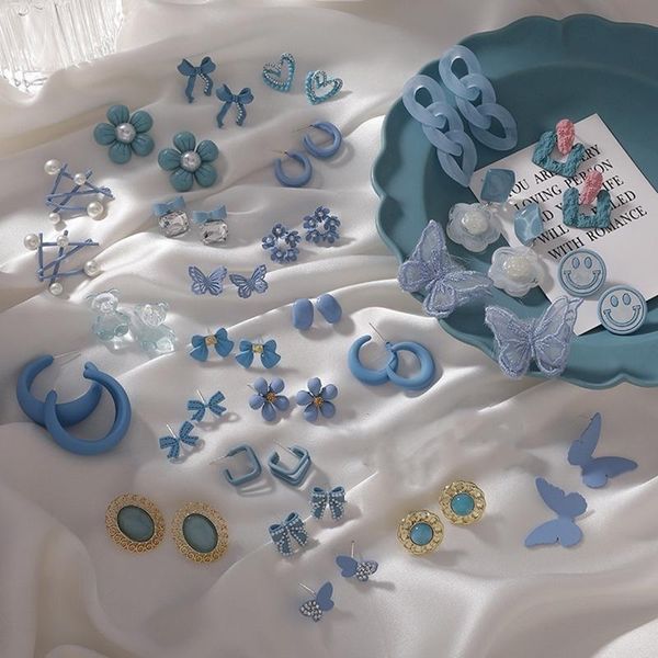

stud korean fashion fresh fog blue flower earrings geometric resin bow sweet girl party accessories brincos, Golden;silver