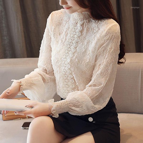 

women's blouses & shirts 2021 women stand collar long sleeve lace shirt lantern floral blouse blusas femininas chemise plus size, White