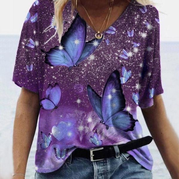 

women's t-shirt butterfly printing t shirt women plus size slim casual landscape print tshirt tee v-neck short-sleeved streetwear, White