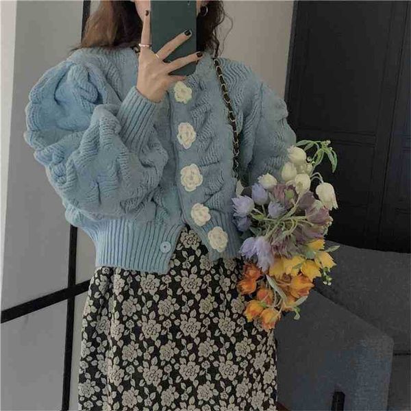 

streetwear high waist stylish feminine florals vintage chic elegance sweet puff sleeves women sweaters 210525, White;black