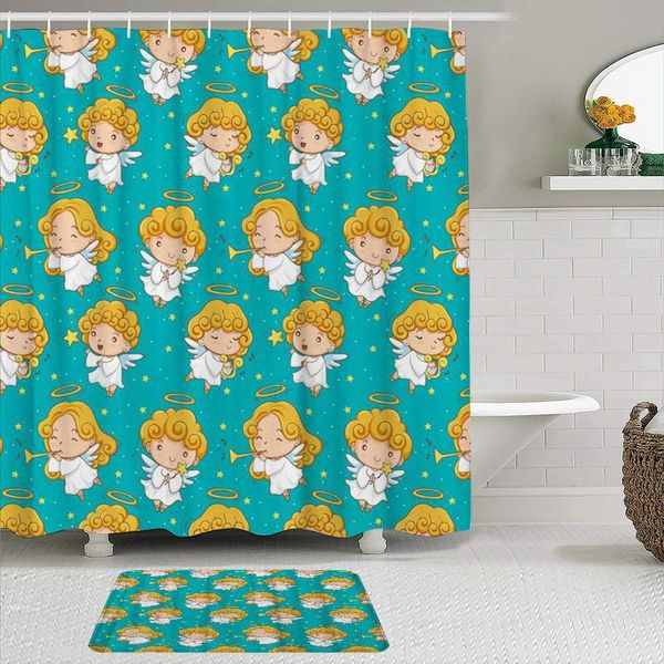 

fabric shower curtain and mats set,christmas theme cute little angel modern,waterproof bath curtains with 12 hooks,non slip rugs