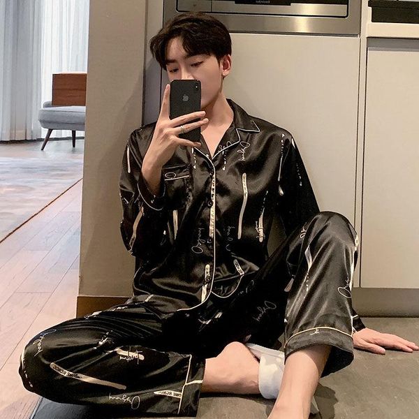 

men's sleepwear silk pajamas trousers suit men full body pajama homewear oversize luxury for autumn winter 2021, Black;brown
