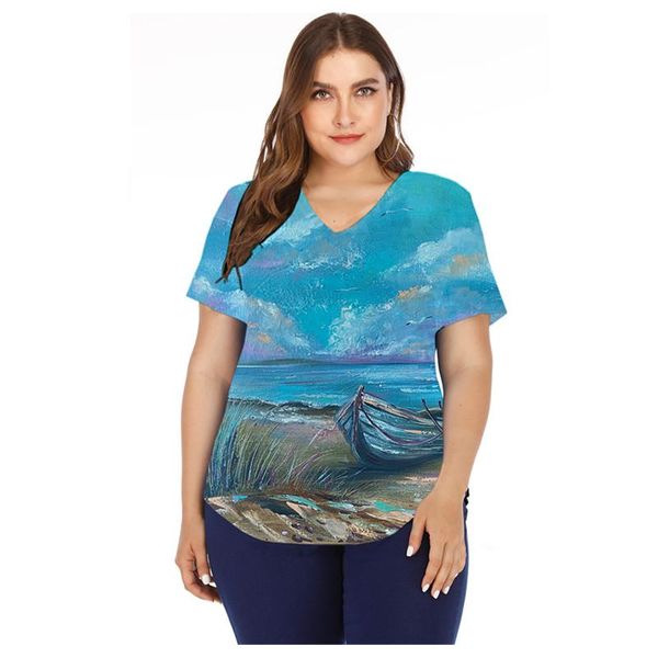 

plus size t-shirt fashion women short sleeve floral print t shirt summer v-neck casual streetwear ladies cotton tee 2021, Black