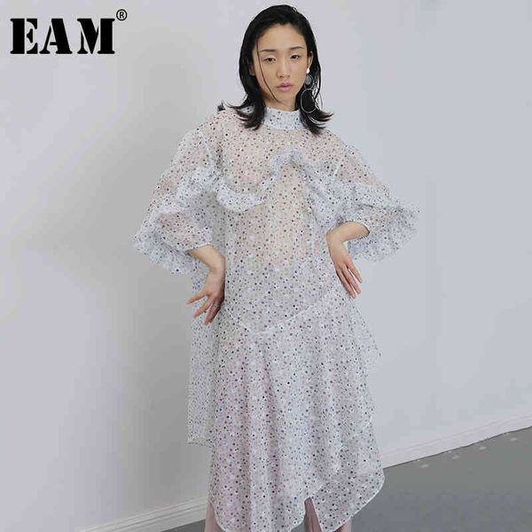 

[eam] women printed perspective irregular big size dress stand collar long sleeve loose fashion spring summer 1u570 21512, Black;gray